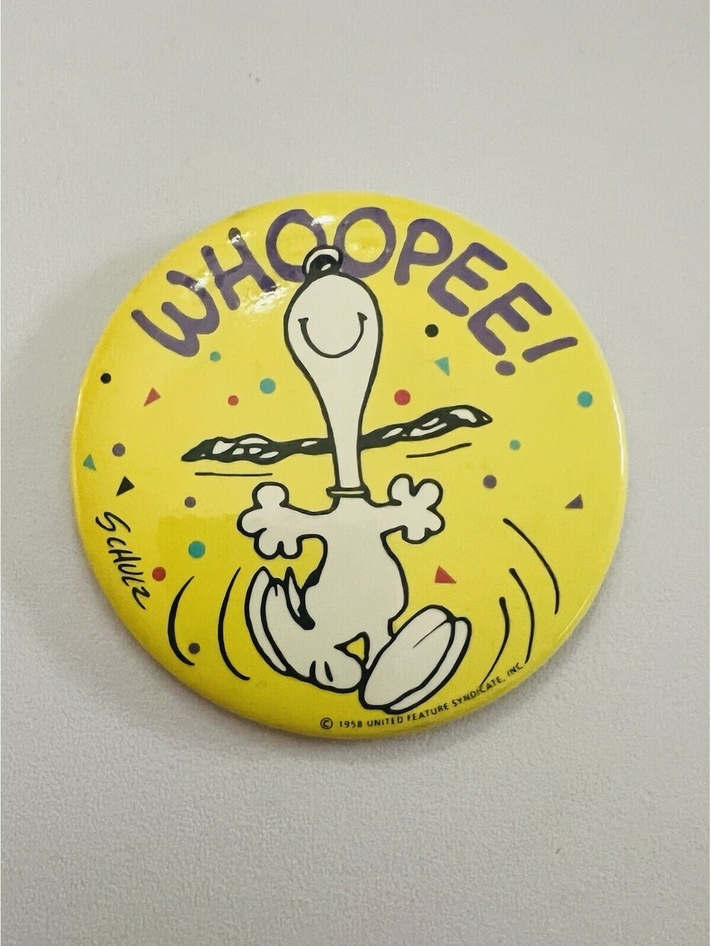 Snoopy Peanuts Gang 3" "Whoopee" Charles Schulz Pin Back Hallmark MINT